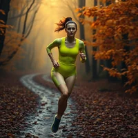 Woman in neon green outfit running along a wet dirt trail through a foggy autumn forest with orange leaves