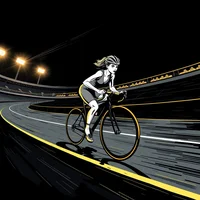 Graphic novel illustration of a female cyclist racing on a banked velodrome track under floodlights, in black and gold.