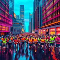 Large group of runners in neon vests racing through rain-wet city streets lined with tall buildings at dusk.