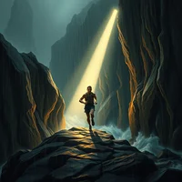 Watercolor of elite runner in neon kit amid marathon crowd through a sunlit desert canyon at midday autumn warmth.
