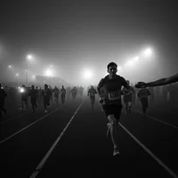 Two runners in retro 80s gear pace side-by-side on a velodrome track through wildfire smoke haze.