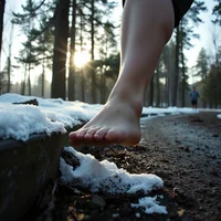Bare foot with toes pressed onto a snowy curb on a forest trail, low sun behind bare trees.