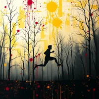 Silhouetted runner leaping through bare trees against a yellow sky with red paint splatter overlays