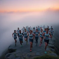 Large group of runners racing along rocky cliffs in misty pink twilight fog