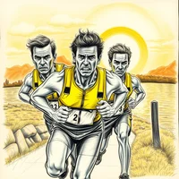 Illustration of three runners in yellow vests racing on a road path under a bright sun