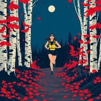 Illustrated female runner with headlamp on a moonlit forest trail surrounded by red autumn leaves and birch trees