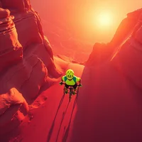 Aerial view of a neon-green armored figure walking through a red rock canyon under a bright orange sun.