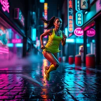 Woman in yellow sports kit running on a rain-soaked city street at night surrounded by colourful neon signs