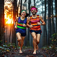 Two smiling runners in colorful striped athletic wear running on a forest trail at sunset