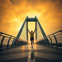 Runner raising arms triumphantly on a cable-stay bridge beneath a dramatic golden sunset sky