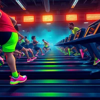 Group of people running on treadmills in a neon-lit gym with colourful lighting
