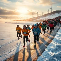 Large group of runners racing along a snowy coastal path at sunset with wind turbines in the background