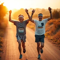 Two older adults in race bibs running together on a dirt road with arms raised at sunset