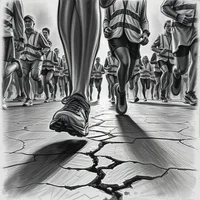 Low-angle view of runners' legs and feet on cracked pavement during a group race