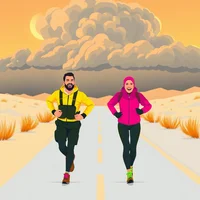 Man in yellow jacket and woman in pink hijab running together on a desert road under storm clouds