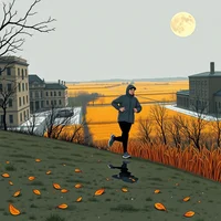 Illustrated person running on a grassy hill with a dog, city buildings and full moon in background at dusk