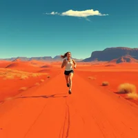 Woman running along a straight red dirt road through an open desert landscape under a clear blue sky