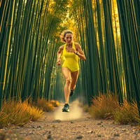 Woman in yellow athletic wear running along a dirt path through a tall green bamboo forest