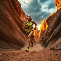 Woman in yellow running kit sprinting through a narrow red rock canyon with dramatic cloudy sky
