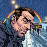 Comic book close-up of an exhausted runner collapsing in winter layers on a night-lit waterfront promenade under a rainbow.