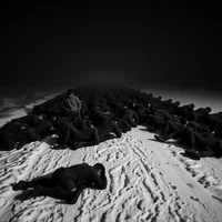 B&W photo of exhausted military runners collapsed on a snowy pre-dawn path, breath misting in humid darkness