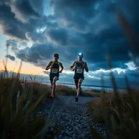 Two runners on a coastal gravel path at dusk under dramatic storm clouds with grass in the foreground