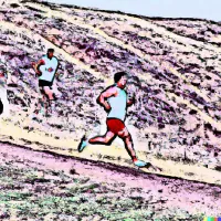 Two people running on rocky, mountainous terrain