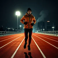 Person in orange jacket and black beanie running on a red athletics track under floodlights at night
