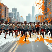 Large group of runners racing through a city street with orange paint splash graphic overlay