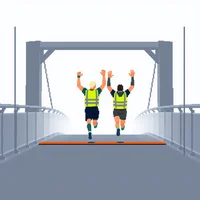 Pixel-art illustration of two runners in yellow vests crossing a bridge finish line with arms raised