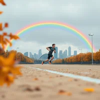 Man running on a track with a rainbow and city skyline visible in the background