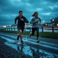 Two people running on a wet road at dusk, splashing through puddles under a cloudy sky