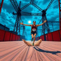 Runner with arms outstretched sprinting across a red metal bridge under a vivid blue sky