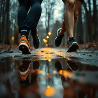 Two runners' legs on a wet reflective path surrounded by bare trees and warm glowing lights