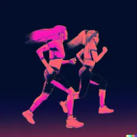 Two stylized runners in pink and orange neon glow sprinting side by side against a dark navy background