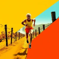 Older woman running on a rural path beside vineyard fence posts against a vivid yellow and orange background