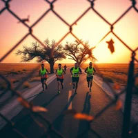Group of runners in hi-vis vests on a road at sunset, seen through a chain-link fence