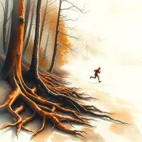 Lone runner moving through a misty autumn forest with large exposed tree roots in the foreground