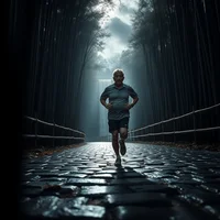 Lone runner on a dark foggy cobblestone path lined with tall trees
