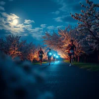 Runners on a tree-lined path at night under a bright full moon, surrounded by lit blossoming trees