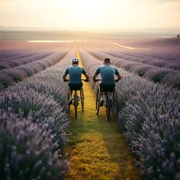 Two cyclists riding along a path through purple lavender fields at sunset