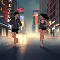 Cartoon pair of adult barefoot runners in monochrome outfits talking mid-stride on misty night city streets under bright lights