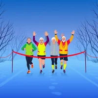 Flat vector illustration of four older adult runners in neon gear triumphantly finishing a snowy path race at blue-hour dusk