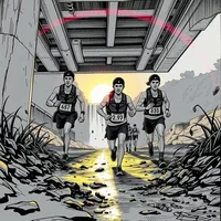 Three runners racing under a concrete overpass at sunset, depicted in a comic illustration style