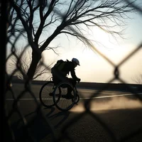 Silhouette of a wheelchair athlete on a path at dusk, viewed through a chain-link fence