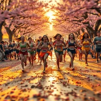 Group of women runners racing along a cherry blossom-lined avenue bathed in warm golden sunset light