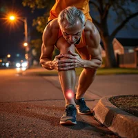 Man in orange top crouching at a street curb at night, hands gripping his knee, with a red glow over the joint