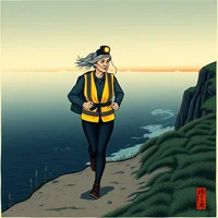 Illustrated woman runner wearing a yellow vest and headlamp hiking along a coastal cliff at dusk