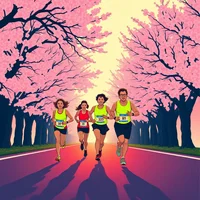 Five runners in race bibs jogging along a tree-lined avenue with pink cherry blossoms and a warm purple-pink sky