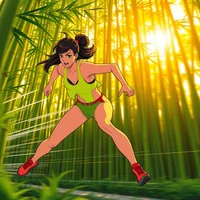 Anime-style illustration of a woman in a green crop top and red shorts sprinting through a sunlit bamboo forest.